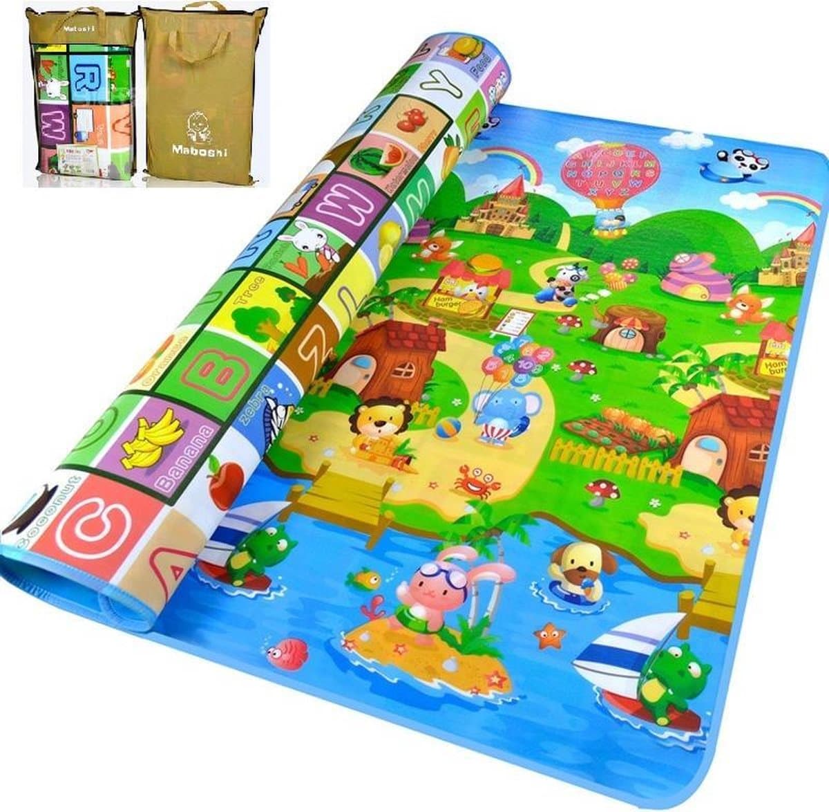Maboshi Speelmat - Kinderspeelmat - Babygymmat - Babyspeelmat - Zachte kruipmat - Met vrolijke dieren- en letterpatronen - Gemaakt van PE-schuim - Dubbelzijdig opvouwbaar - 180x200 cm - Inclusief opbergtas - Veilig en zacht - Vochtbestendig - Cadeau