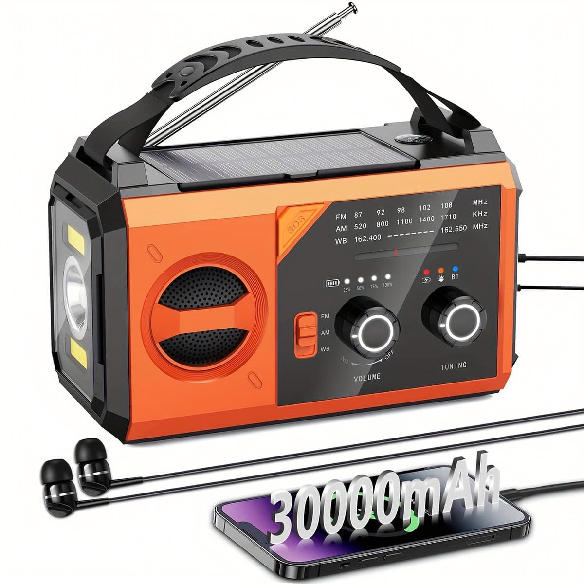 Handcrank Noodradio – AM/FM Draagbare Radio met Zonne- & Handkruk Opladen – 2000mAh Powerbank, LED Zaklamp & USB Oplader – Voor Kamperen, Klimmen en Noodsituaties