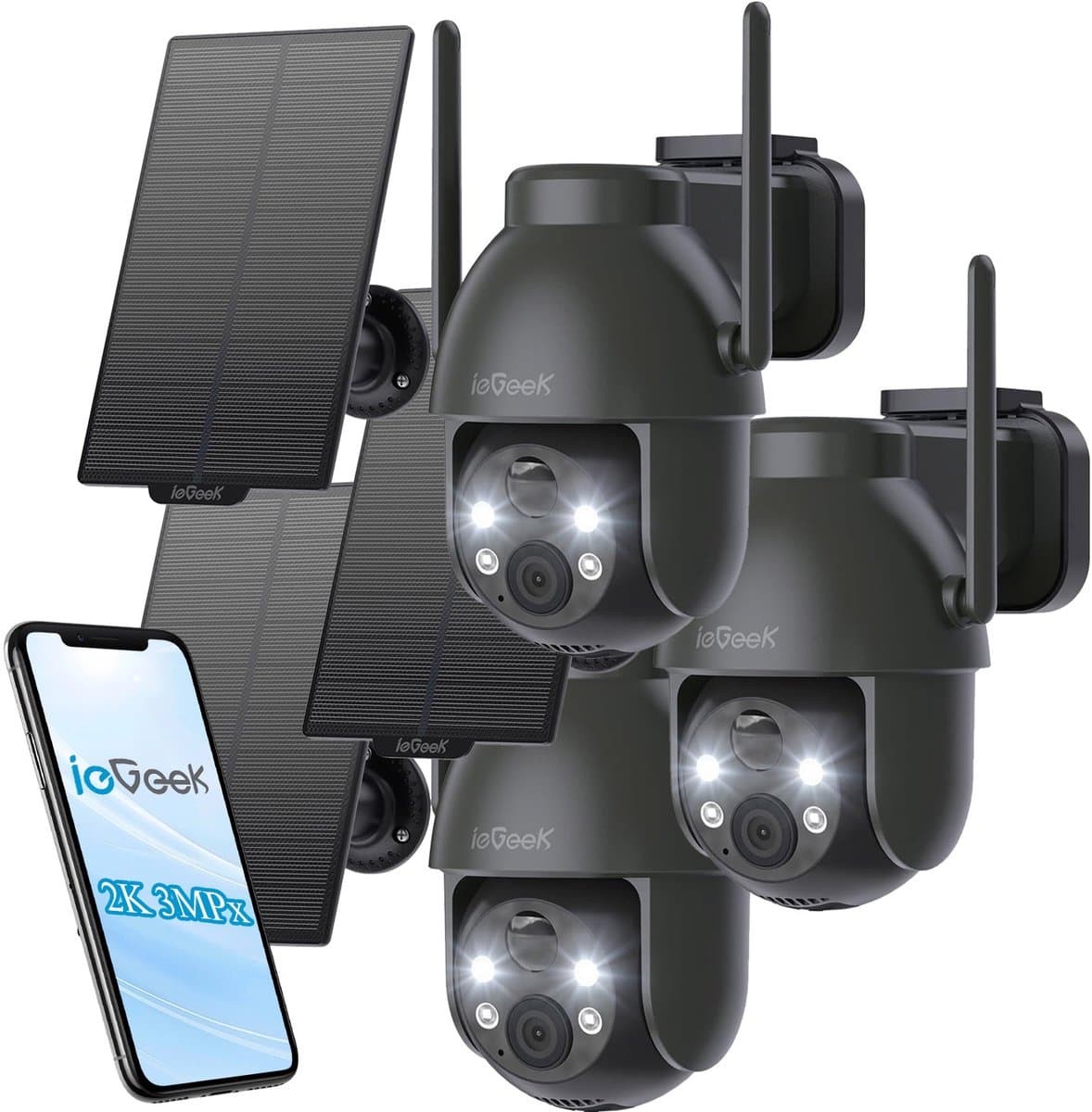 ieGeek 2K PTZ Bewakingscamera Buiten Draadloos met Batterij, Solar WiFi Beveiligingscamera voor thuis met Zonnepaneel en PIR Bewegingsdetectie, Kleuren Nachtzicht CCTV IP Camera Security - zwart - 3 stuks