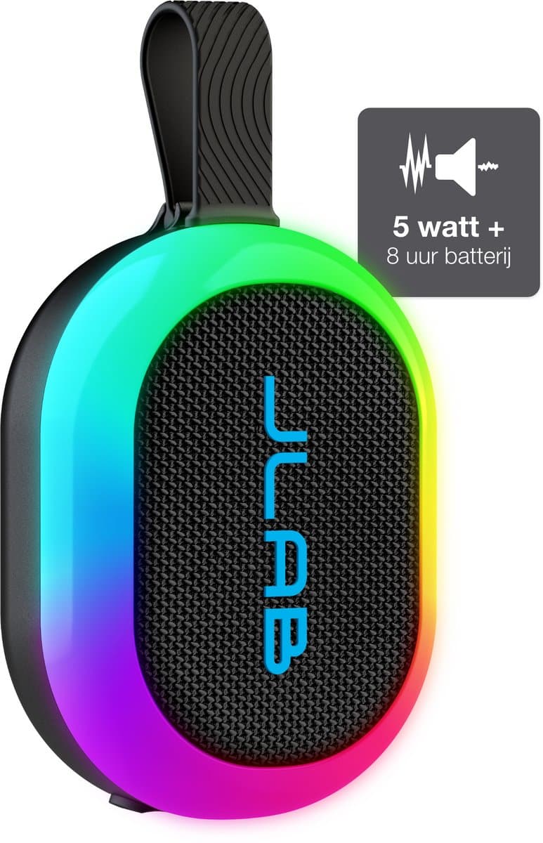 JLab Pop Mini Bluetooth Speaker Draadloos - Draagbare Muziekbox - 8 uur Batterijduur - 5 Watt - IPX6 Waterproof - Multipairing - Instelbare Party Lights - App Equalizer - Zwart
