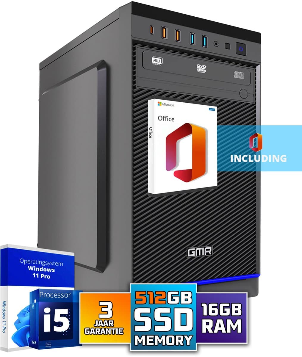 Intel Ultra Compleet Desktop PC | Intel Core i5 | 16 GB RAM | 512GB SSD M.2 | DVD+RW | Windows 11 Pro | Business Office Multimedia Computer | Inclusief Microsoft Office!