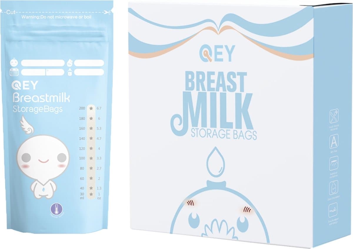 QEY® 120 Stuks Moedermelk Bewaarzakjes – Lekvrij, BPA-vrij & Steriel – Stevig & Plat Ontwerp – Handig Schrijfvlak – Bewaarzakjes voor Borstvoeding – Geschikt voor Vriezer & Koelkast - Blauw