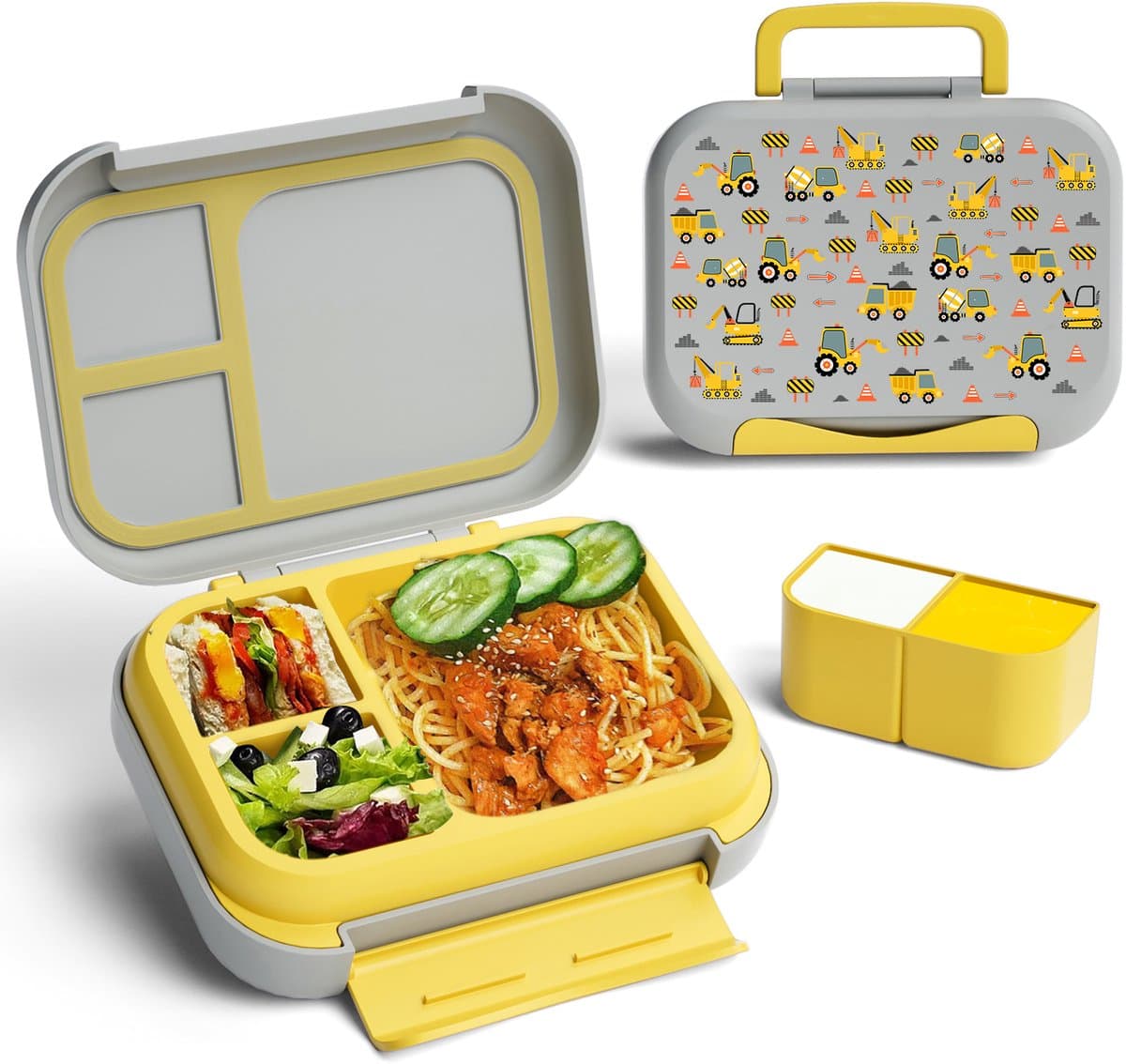 BentOH! Bento Box en Brooddoos 2-in-1 voor Kinderen - Trucks - Lekvrij & BPA-vrij – Met 3 Uitneembare Vakken – Magnetron-, Vriezer- & Vaatwasser bestendig