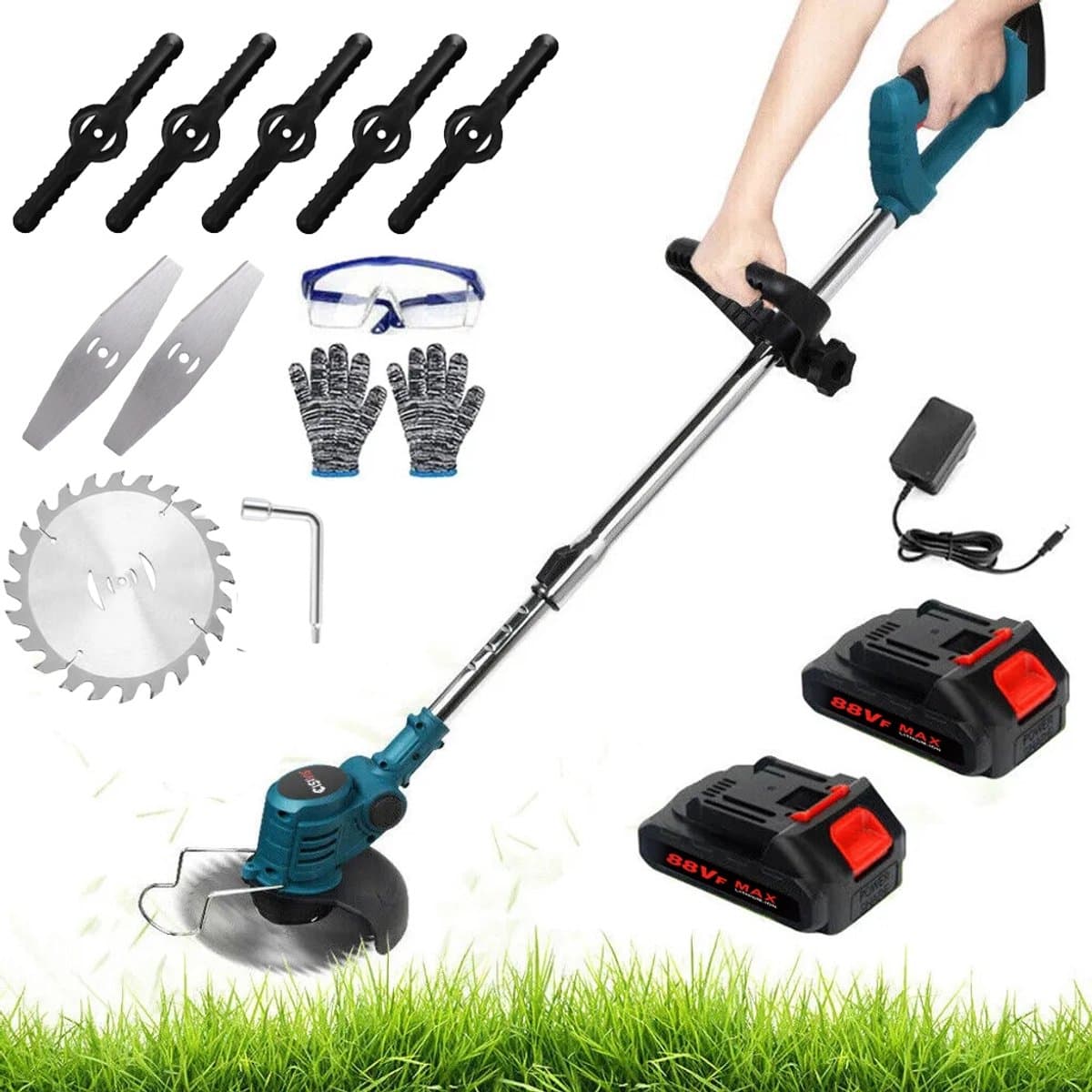Traumheim® 3-in-1 Kantenmaaier – Elektrische Grastrimmer – Bosmaaier – Grasmaaier – Draadloos & Elektrisch – Incl. 2 Accu ‘s & Snellader - blauw
