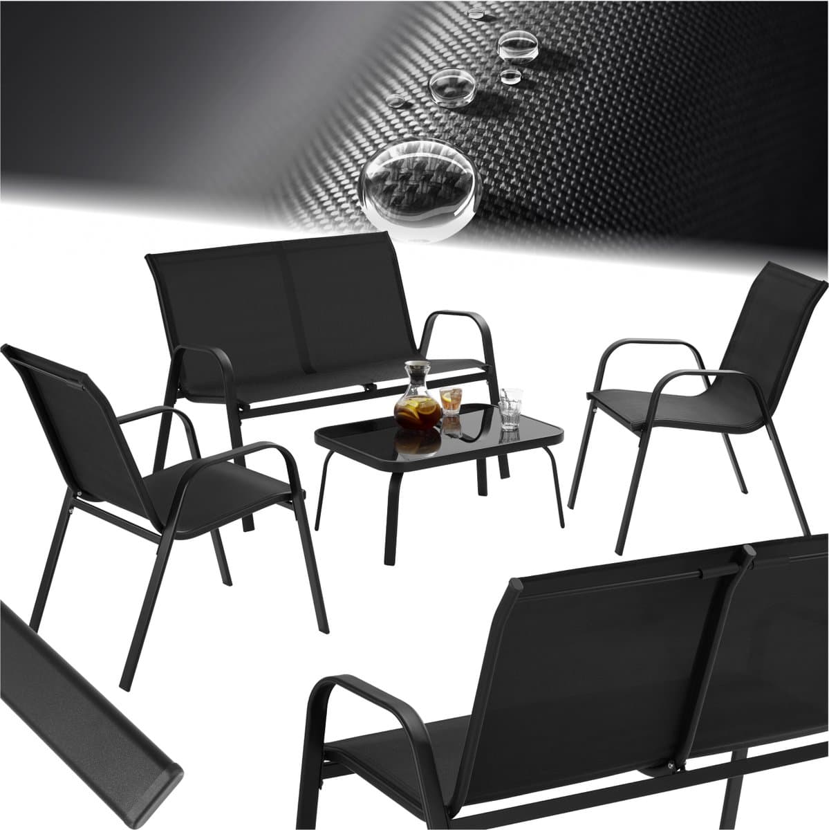 tectake® Tuinset Nora - Moderne Zitgroep voor 4 Personen - Loungeset met Tuinbank en 2 Tuinstoelen van Ademend, Waterafstotend Textileen-Weefsel - Balkonset Met Bijzettafel - Zwart