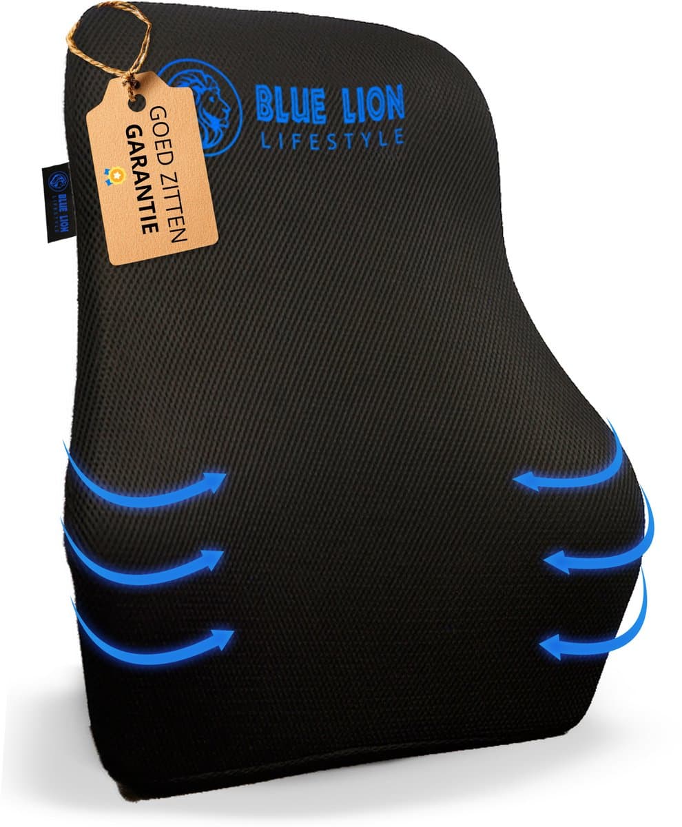 Blue Lion Ergonomisch Rugkussen L - Rugsteun voor Onderrug en Middenrug - Stoelkussen voor Bureaustoel, Auto & Thuiswerken – Zwart