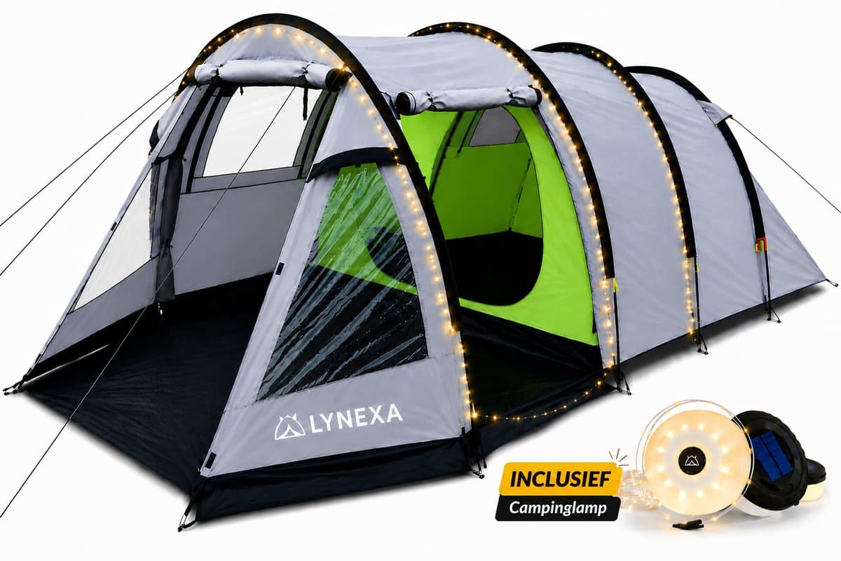 LYNEXA® Tent - Kampeertent - Tunneltent met 2 Compartimenten - Koepeltent - Familietent voor 2 tot 4 Personen - Waterdicht & Windbestendig - Camping tent - Panoramische Ramen & Ventilatie - Voor Camping & Outdoor - Inclusief Draagtas & Campinglamp