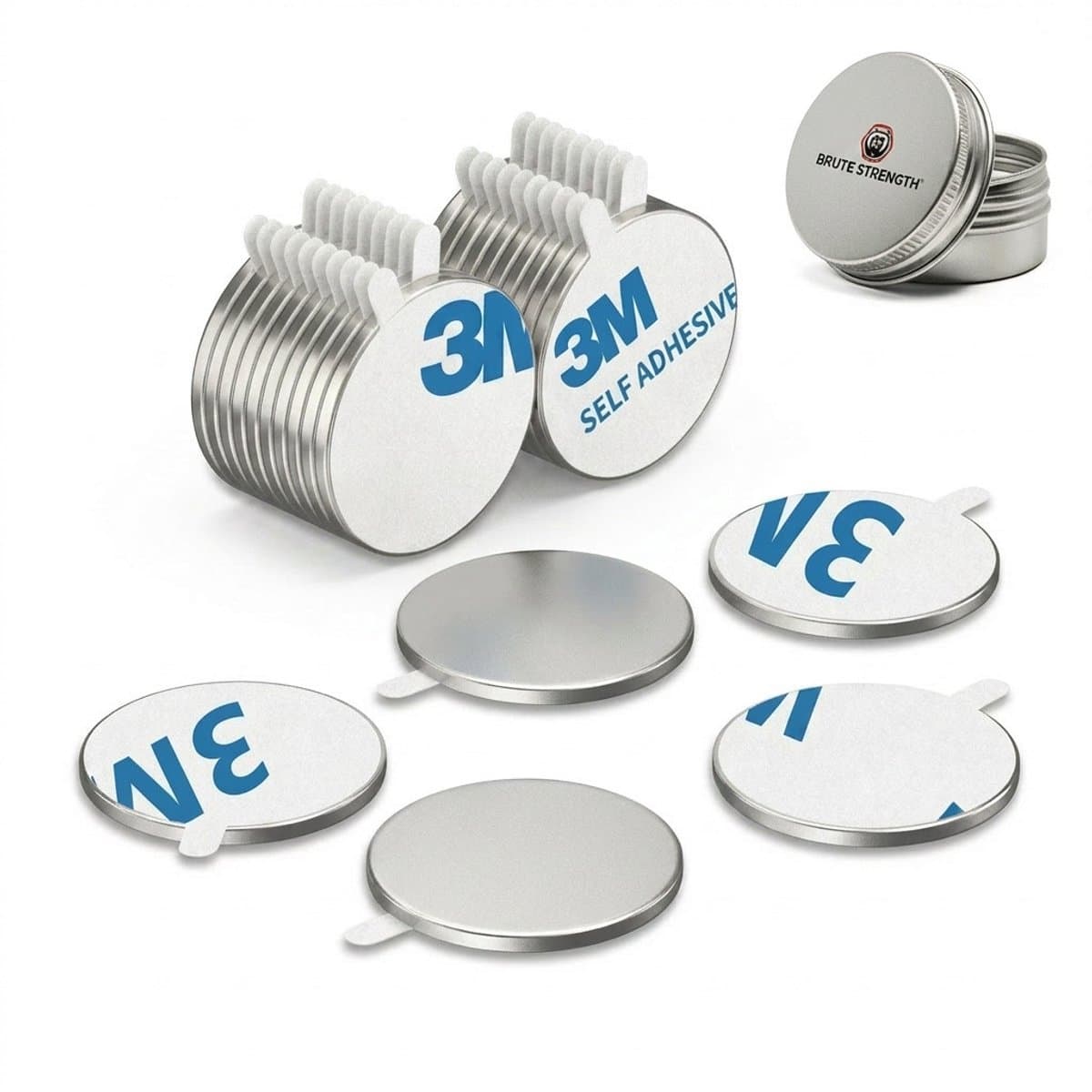 Brute Strength - Super sterke magneten - Rond - 20 x 1 mm - 3M- Zelfklevend - 20 Stuks - Dubbelzijdig tape - Neodymium magneet sterk - Voor koelkast - whiteboard