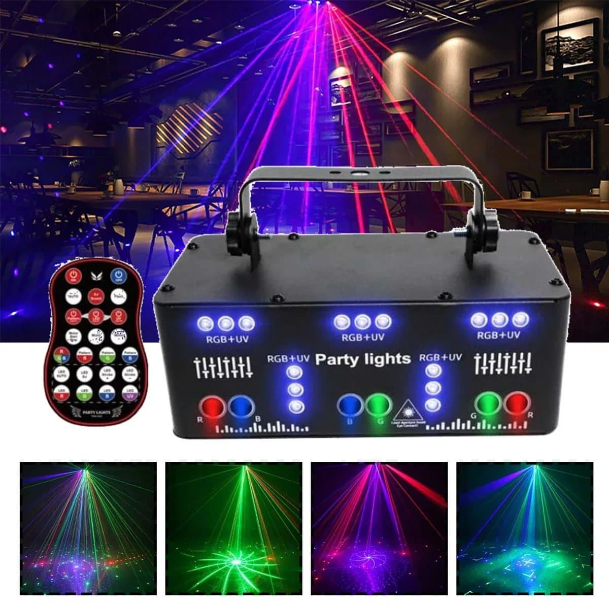 Flolife - 21-Gaats RGB Party Laserlicht met UV LED Strobe – DMX DJ Disco Projector met Geluidssensor voor Feest, Bruiloft & Podium