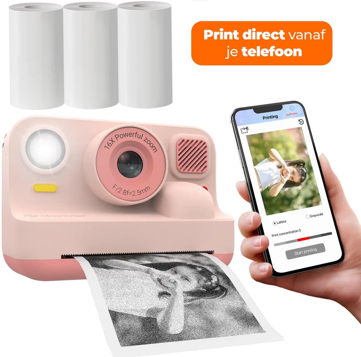 Denver Kindercamera Full HD met Printer - Selfie Camera - 48MP - Digitale Camera Kinderen - Bluetooth printer - Foto & Video - KPC1374BTRO - Roze