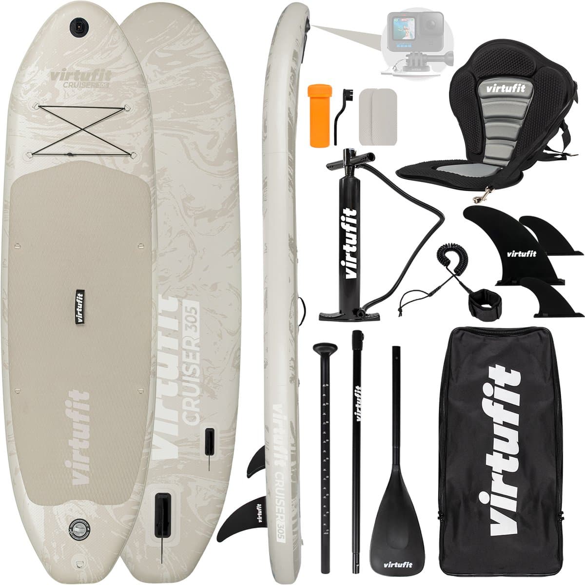 VirtuFit Cruiser Opblaasbaar SUP Board 305 cm - Max. 180 kg - Complete Set - Incl. Kajak Zitje, Peddel, Pomp, Tas & GoPro-mount - Stand Up Paddle Board - Beige