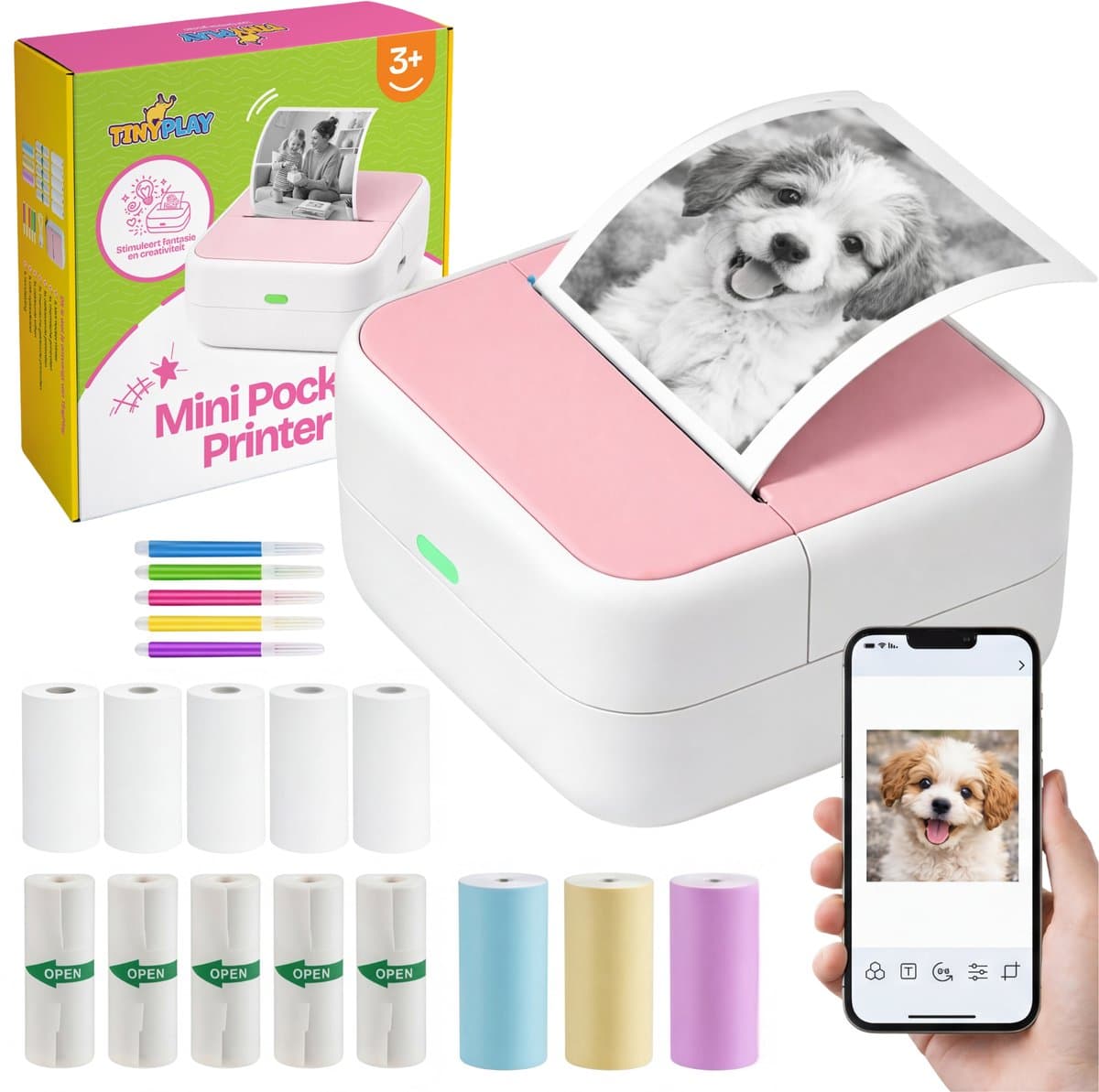 TinyPlay Mini Printer 300 DPI - Pocket Printer - 13 rollen papier in kleur, Sticker en wit - Mobiele fotoprinter - voor Smartphone - Thermische draagbare printer - Thermal miniprinter