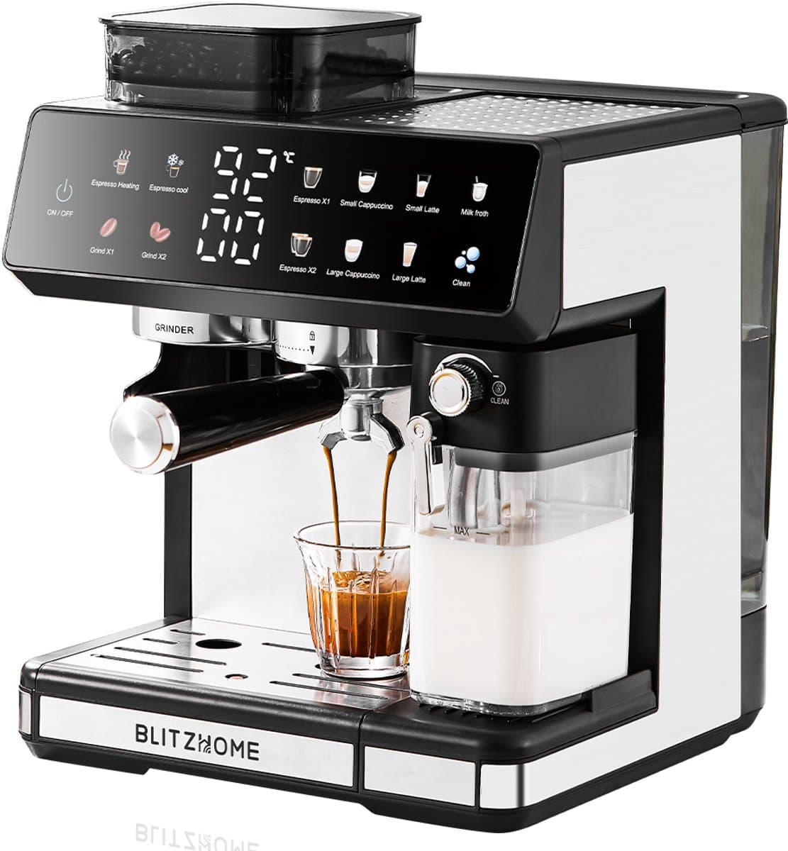BlitzHome CM5710 Espressomachine Volautomatische met Geïntegreerde Koffiemolen, Dual Boiler, Melkopschuimer, Heet & Koud, Touchscreen Bediening, Snelle Bereiding, EU-Stekker
