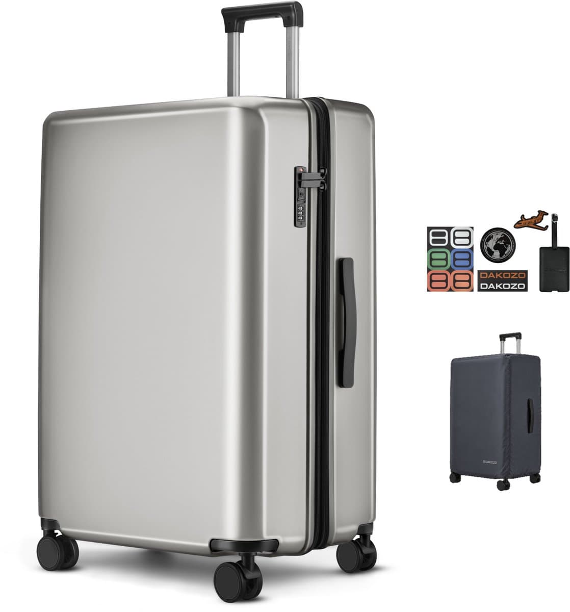 DAKOZO Koffer Groot 76x52x33cm - Luxe Reiskoffer met wielen - Extra Sterke YKK rits - Kofferhoes en Kofferlabel - Uitbreidbaar - TSA cijferslot - Kofferset - 100 liter - Zilver