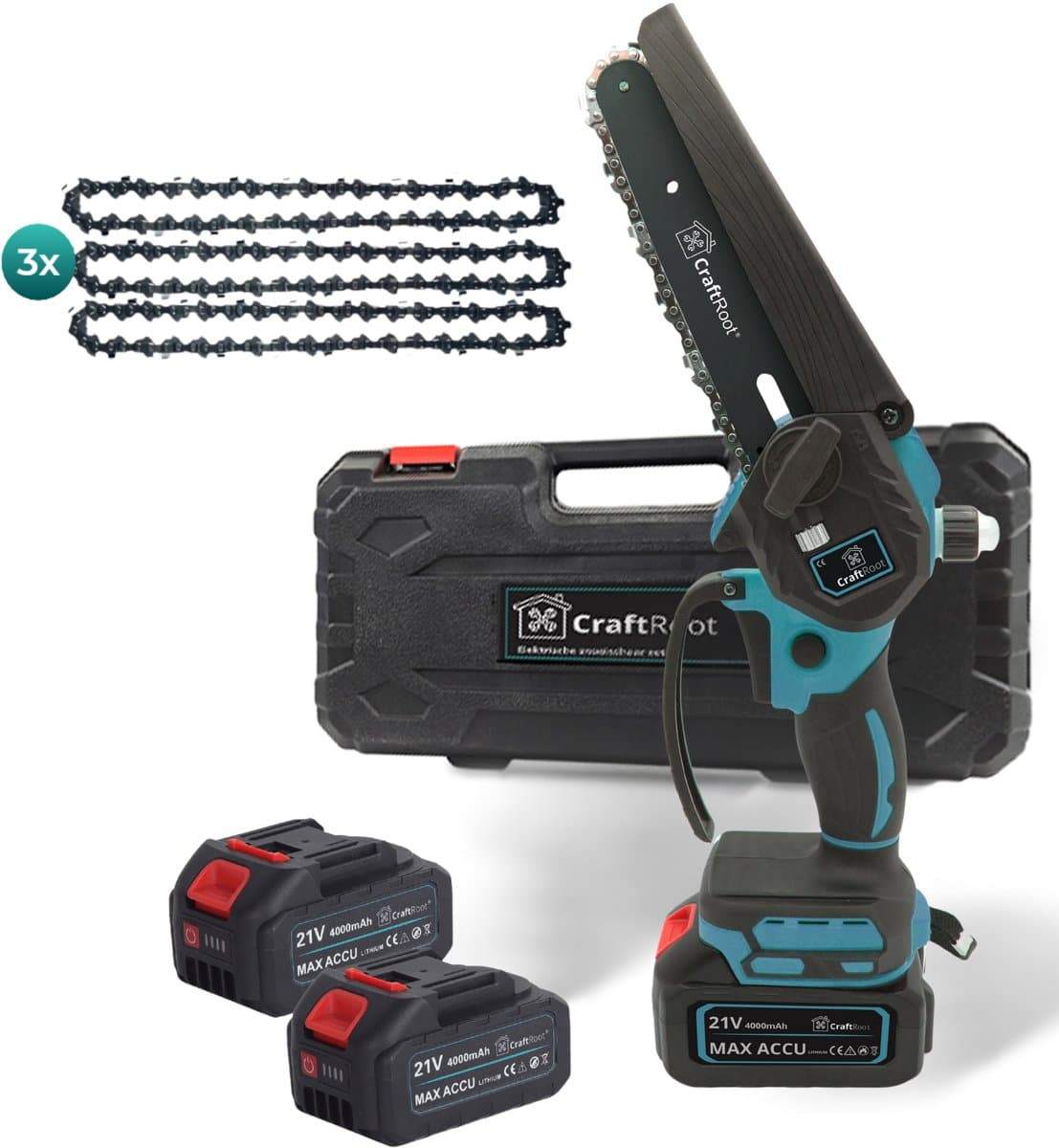 CraftRoot Elektrische Mini Kettingzaag - Draadloze Compacte Kettingzaag met Automatische Kettingsmering - Handkettingzaag - Snoeizaag - Takkenzaag - 2x 4.0Ah Accu's - Opberg Koffer - Brushless