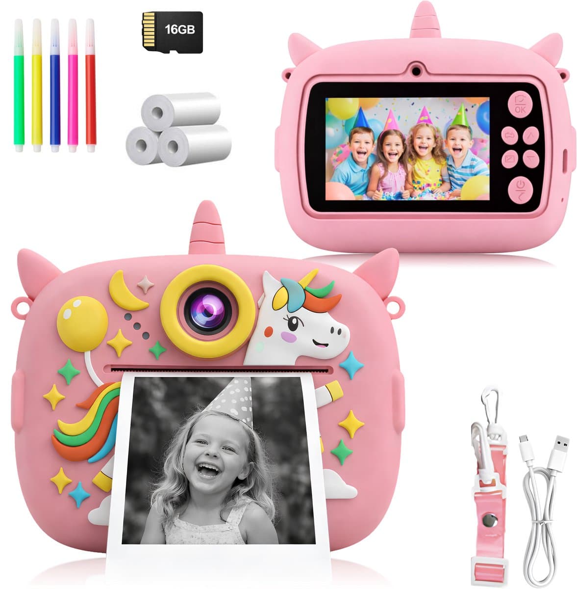 Peblo Digitale Kindercamera Met Foto Printer - Fototoestel Voor Kinderen - Speelgoedcamera - Selfie Camera - Kinder Fotocamera Instant Print- Speelgoed Video Camera Kind - Vlogcamera Kids - SD Kaart 16GB - Unicorn Roze