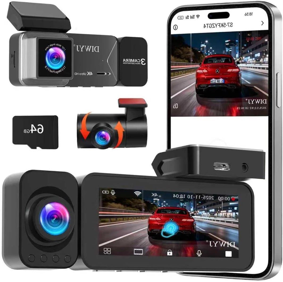 Drieweg Dashcam - Autocamera Opname - Veilig Rijden Vastleggen - 4K Voor 1080p Binnen - 3.4 Inch Touchscreen - Zwart