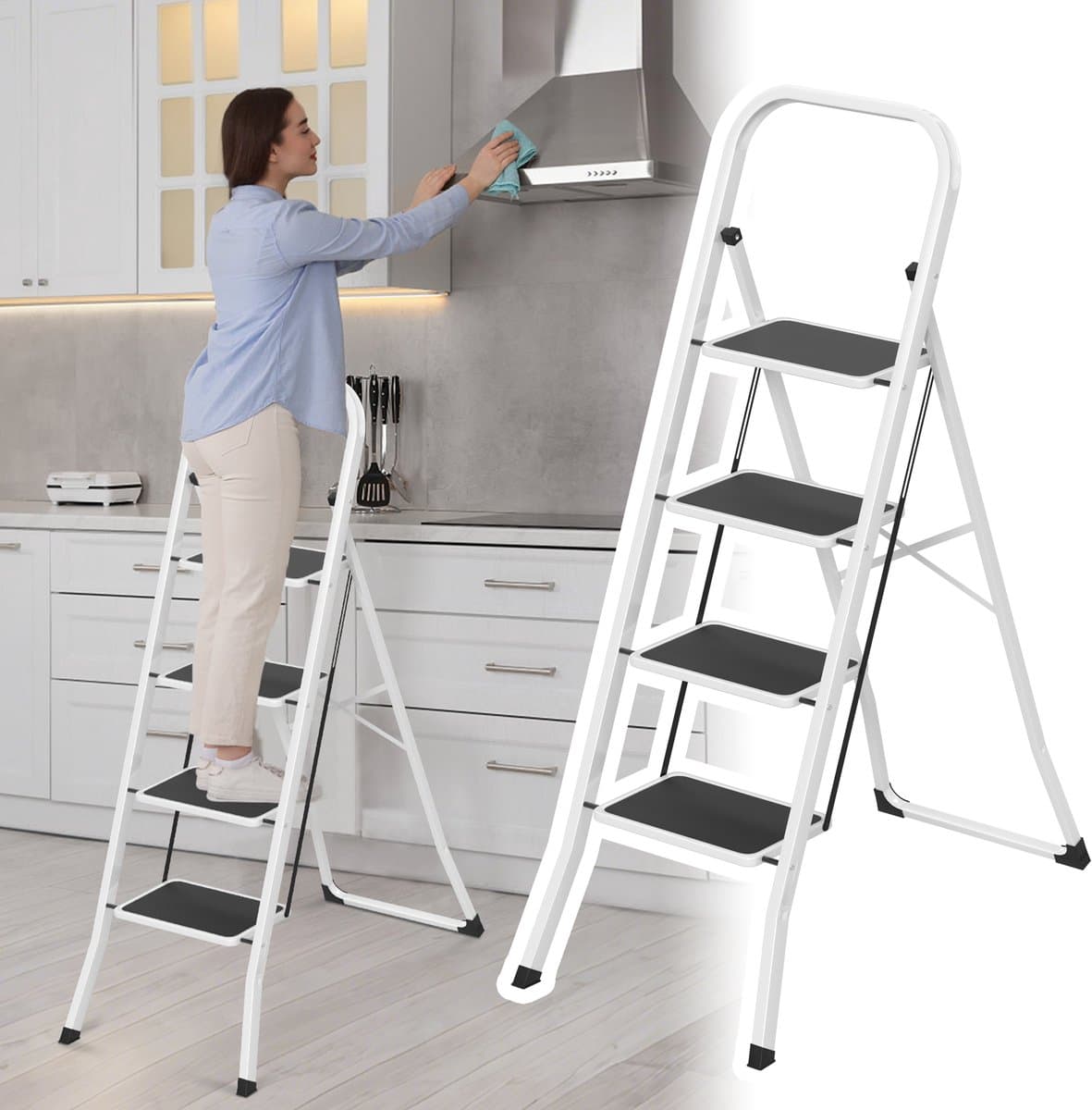 Froadp 4-treden metalen ladder, klapladder, opstapje, antislip trapladder, multifunctionele ladder, opklapbare trap, opstapladder, sta-ladder tot 150 kg, zwart-wit