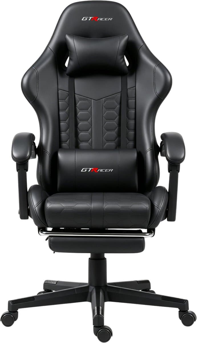 GTRacer - Game Stoel Met Voetensteun - Gaming Stoel - Ergonomische Bureaustoel - Gamestoel - Verstelbaar - Gaming Chair - Zwart