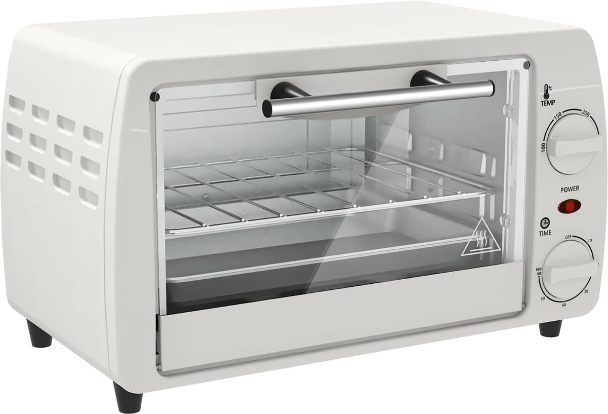 Mini Oven - Kleine Elektrische Oven - Temperatuur tot 230 ℃ - 60 Minuten Timer - 10 Liter 750W - Voor Camping en Keuken - 36,5x26x22 cm - Crèmewit