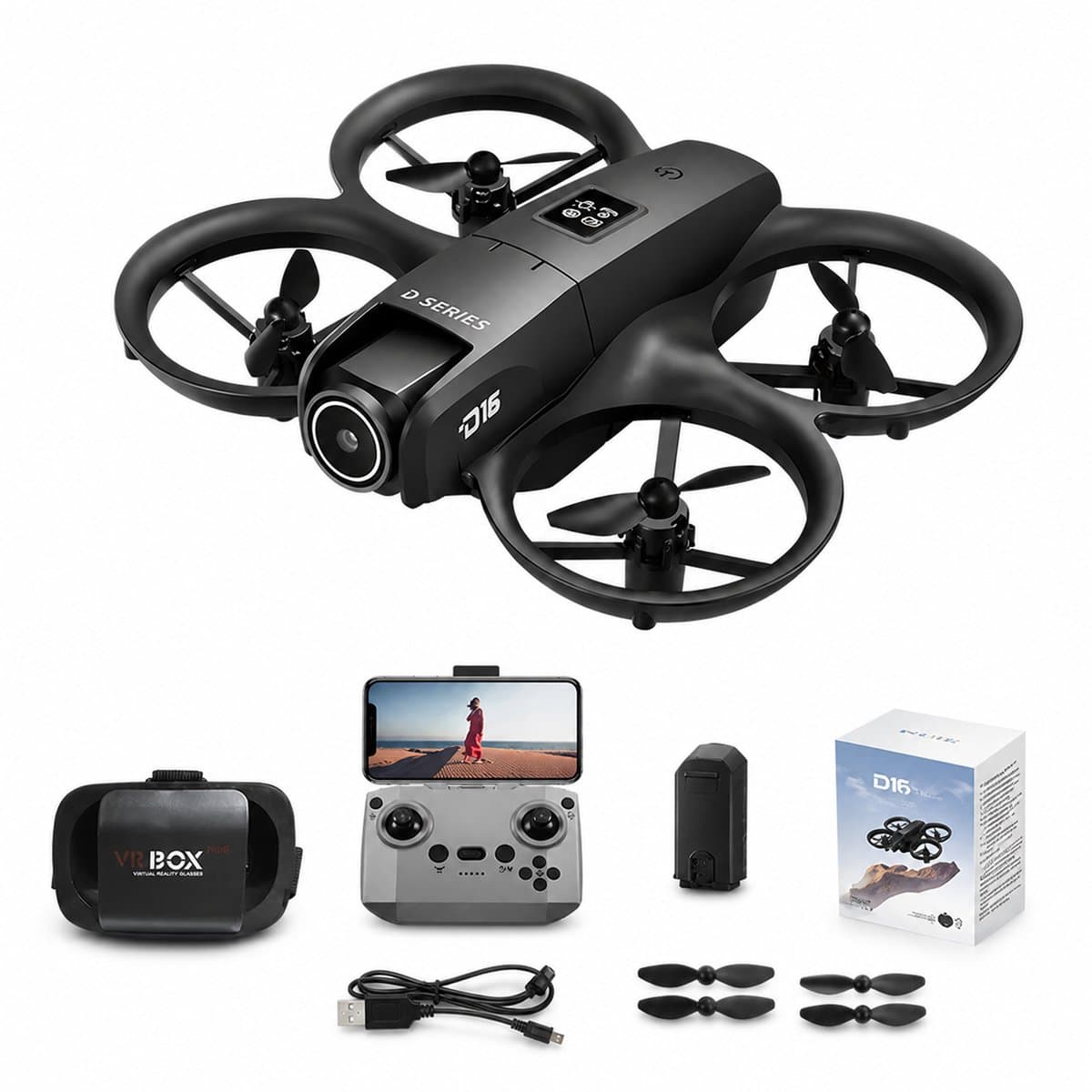 HOB Drone Dual 8K D16 - Mini Drone met Camera - 180 ° Verstelbare GPS-positionering - Obstakelvermijding - 15000 M - Zwart
