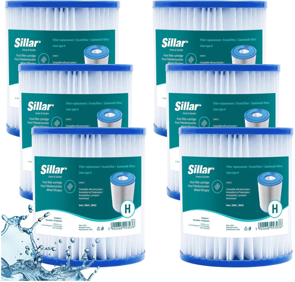 Sillar 6x Zwembadfilters voor zwembadpompen - filtercartridges - voor filterpomp Intex 28601 28602 - vervanging voor Intex TYPE H 29007 - 3 stuks