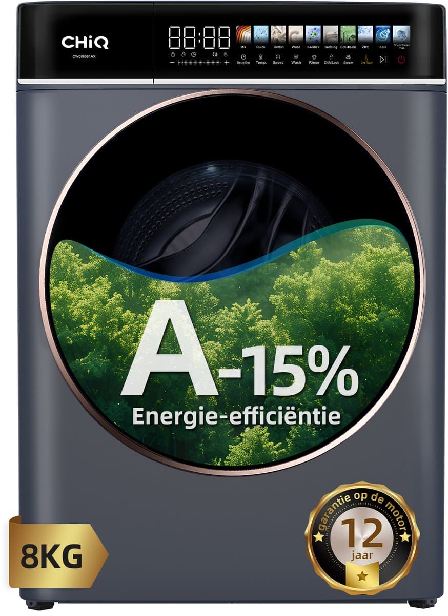 CHiQ CW086581AX - Wasmachine - 8 KG - Full service - Space Pro - Energielabel A-15% - 13.5 Inch Led-touchscreen - 12 programma's - AI Smart - Stoomwassen & Quick Wash - 12 jaar garantie op motor