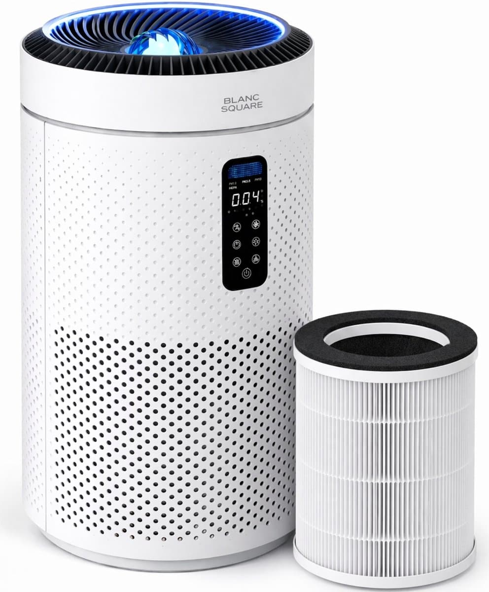 Blanc Square Luchtreiniger Pro - Air Purifier - HEPA 13 + Koolstoffilter - 400m³/h 90m² met UV-Desinfectie - Slaapkamer, Woonkamer, Kantoor – Tegen Allergie, Pollen, Geurtjes - Luchtkwaliteitindicator - Clean Air Slaapstand