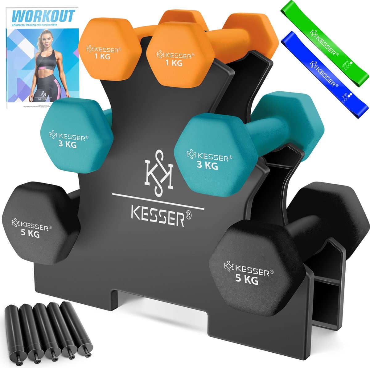KESSER® Dumbells Set 3 Paren (2x 1, 2 & 5kg) = 18 kg totaal | 6x Dumbbells verstelbaar Geschikt voor Fitness Zumba & Aerobics | Halters Gewichten Set met Standaard | Halterset met oefeningenboekje, 2x fitnessbanden