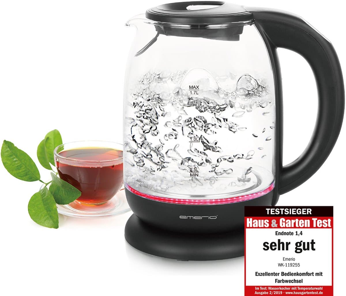 Emerio Waterkoker met Temperatuurregeling 1.7 Liter - LED Verlichting - Oververhittingsbeveiliging en Automatische Uitschakeling - Water niveau indicator - Elektrische Waterkoker 2200W - WK-119255.5 Zwart / Glas