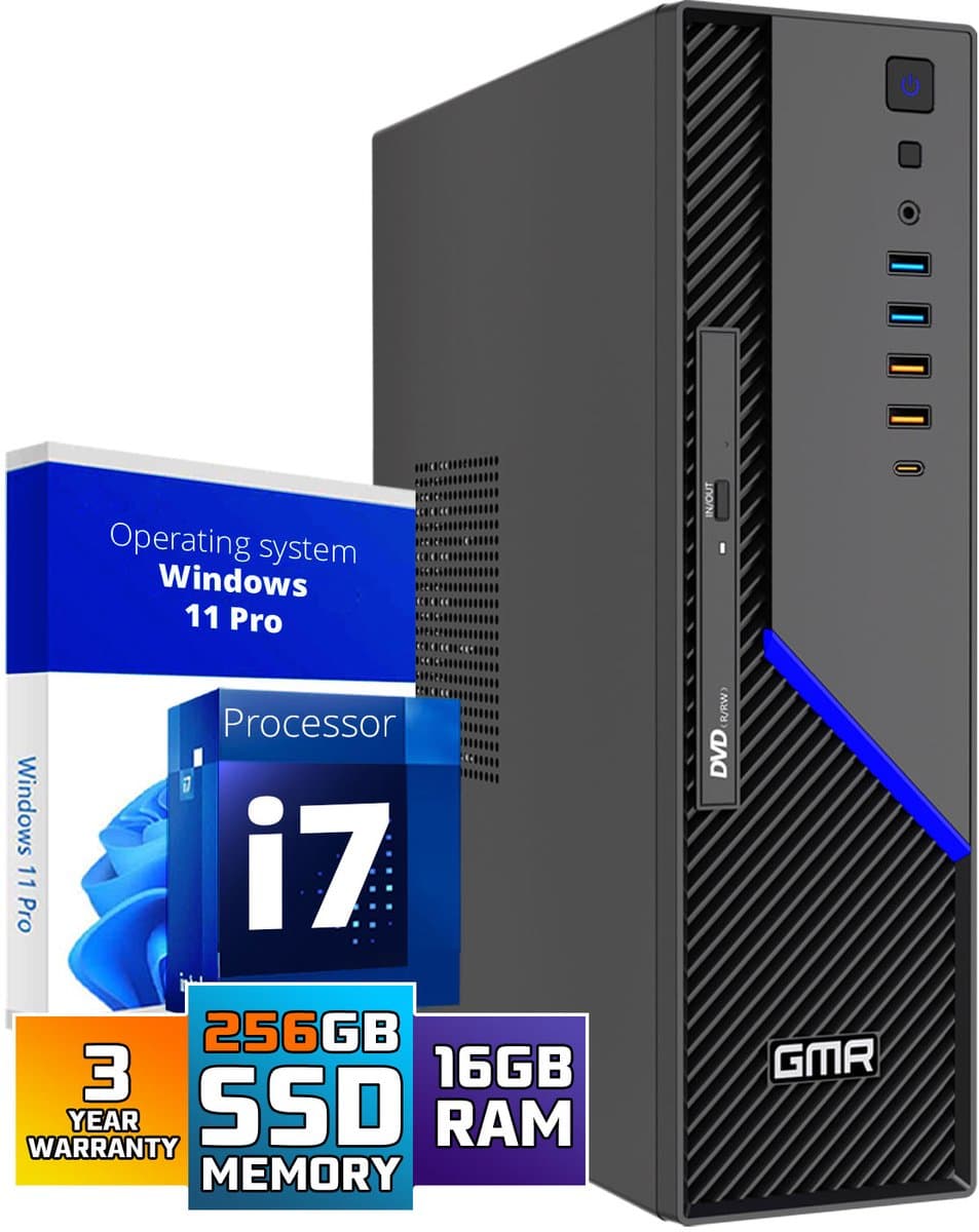 GMR Ultra SFF i7 Office PC - Business Office Computer | 16 GB RAM | 256GB SSD M.2 | DVD+RW | Windows 11 Pro | WiFi-Bluetooth