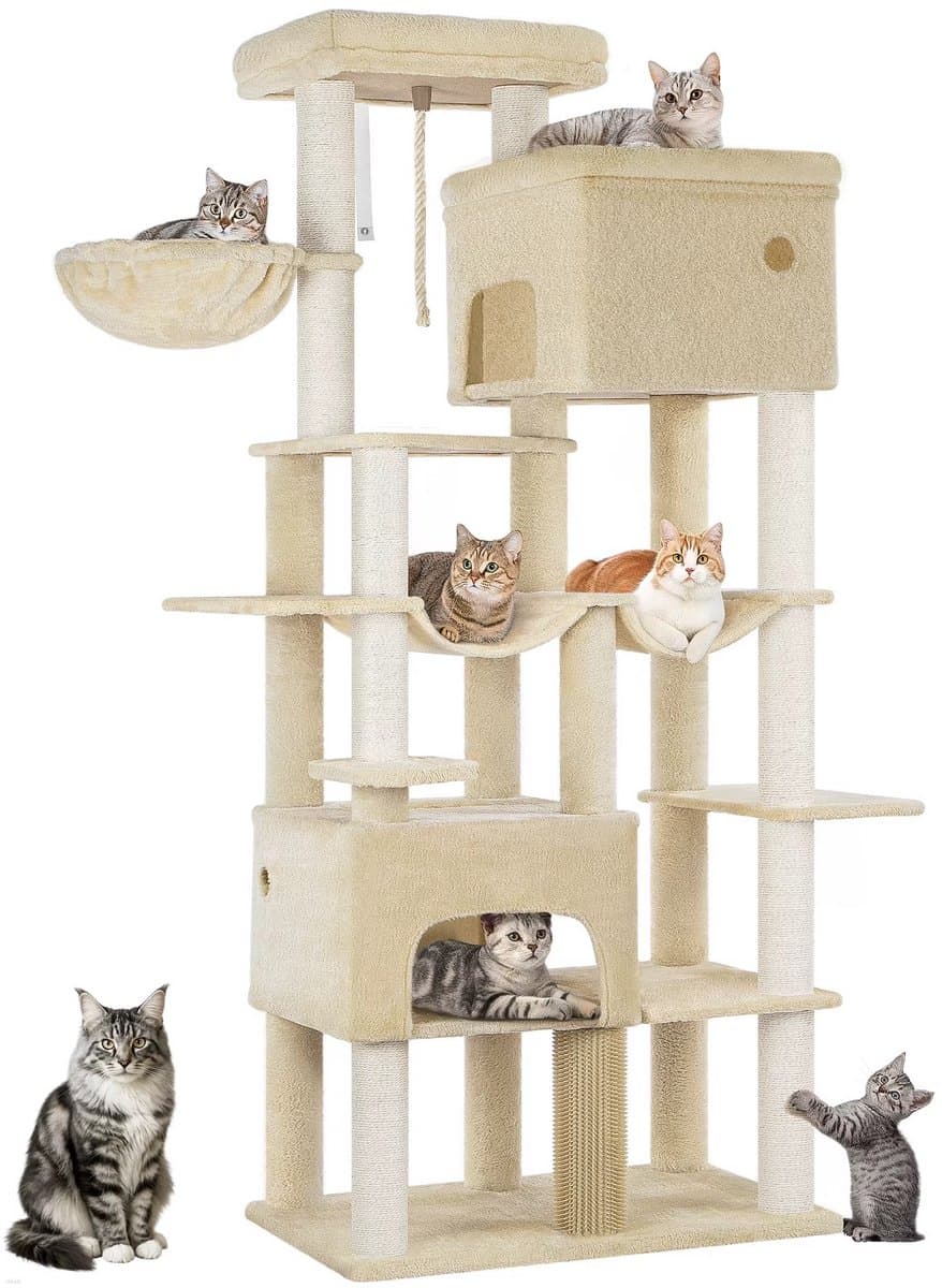 Multi Level Cat Tower - 200 cm - Krabpaal Katten Groot – Met 10 Krabpalen en 2 Hangmatten – Kattentoren met 2 Holletjes, Mand en Platform – Inclusief Kattenborstel – Geschikt voor Grote Katten en Kittens
