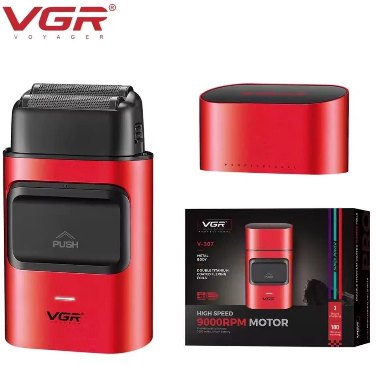 VGR V-307 Scheerapparaat – Elektrische Folieshaver – 9000 RPM – Snelladen (3 uur) – 180 min gebruik – Rood/Zwart