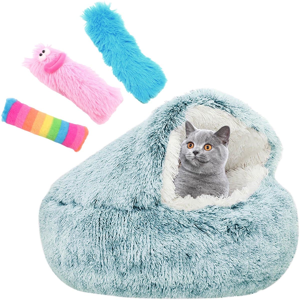 Kattenmand - Kattenbed - Kattenmandje Poes - Kattentunnel Pluche - Poezenmand - Kattenspeelgoed - Reismand Kat - Inclusief 3 Kattenspeeltjes - Blauw