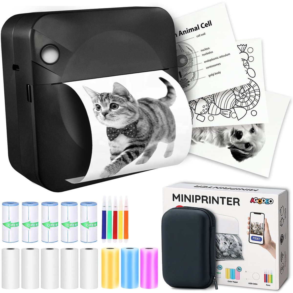 Mini Printer voor Mobiel - 300 DPI - Fotoprinter voor Smartphone - Mini Pocket Printer - Mini Printer Incl.1 Harde Etui + 13 Rollen Papier (Sticker, Normaal, Kleur) + 5 Pennen - Pocket Printer Smartphone - Sticker Printer - Fotoprinter Mobiel