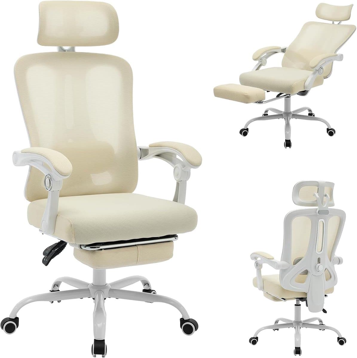 Ergonomische Bureaustoel met Voetensteun - Verstelbare Lendensteun & Hoofdsteun - Mesh Rugleuning - Gaming Stoel - Comfortabele Thuiswerkplek - beige