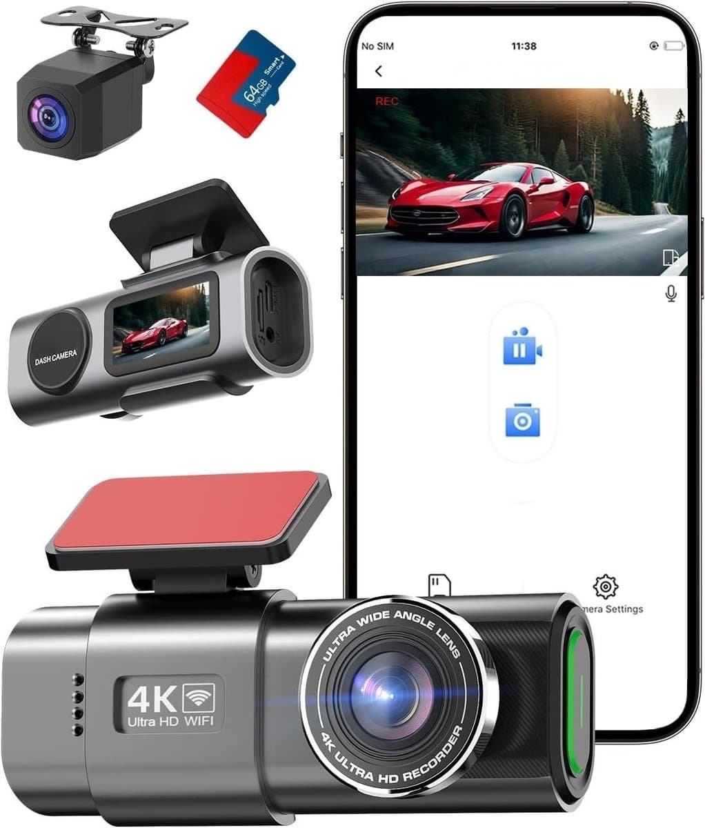 SNJY® Dashcam voor Auto - Auto Camera - Dashcam Voor en Achter Draadloos - 4K+1080P - 64 GB - 170°+140° Groot Gezichtsveld - Zwart