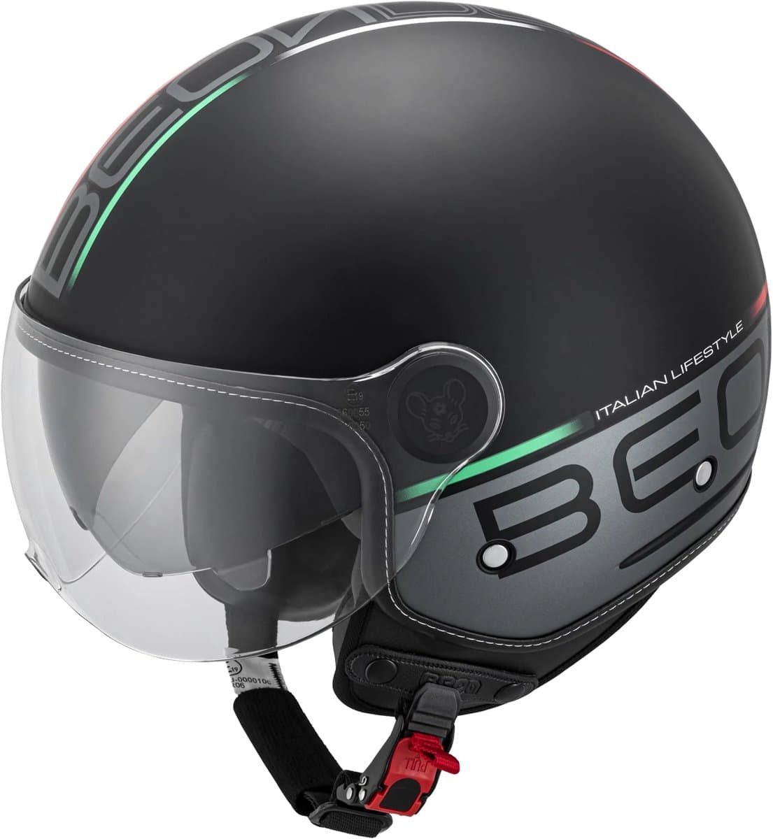 BEON B120 Scooterhelm - M - Jethelm met Zonnevizier - Motorhelm - Geschikt voor Vespa, Scooter, Brommer, Motor en Snorfiets - Mat Zwart met Print