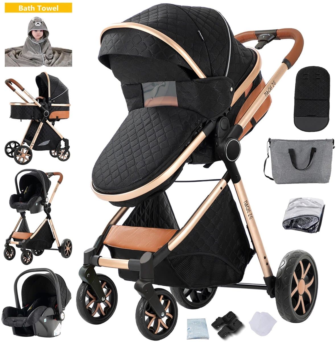 Kelseek kinderwagen - Buggy - Reiswagen - 3 in 1 - Leeftijd 0-3 jaar - Met accesoires - Opvouwbaar - Lichtgewicht - Zwart met goud