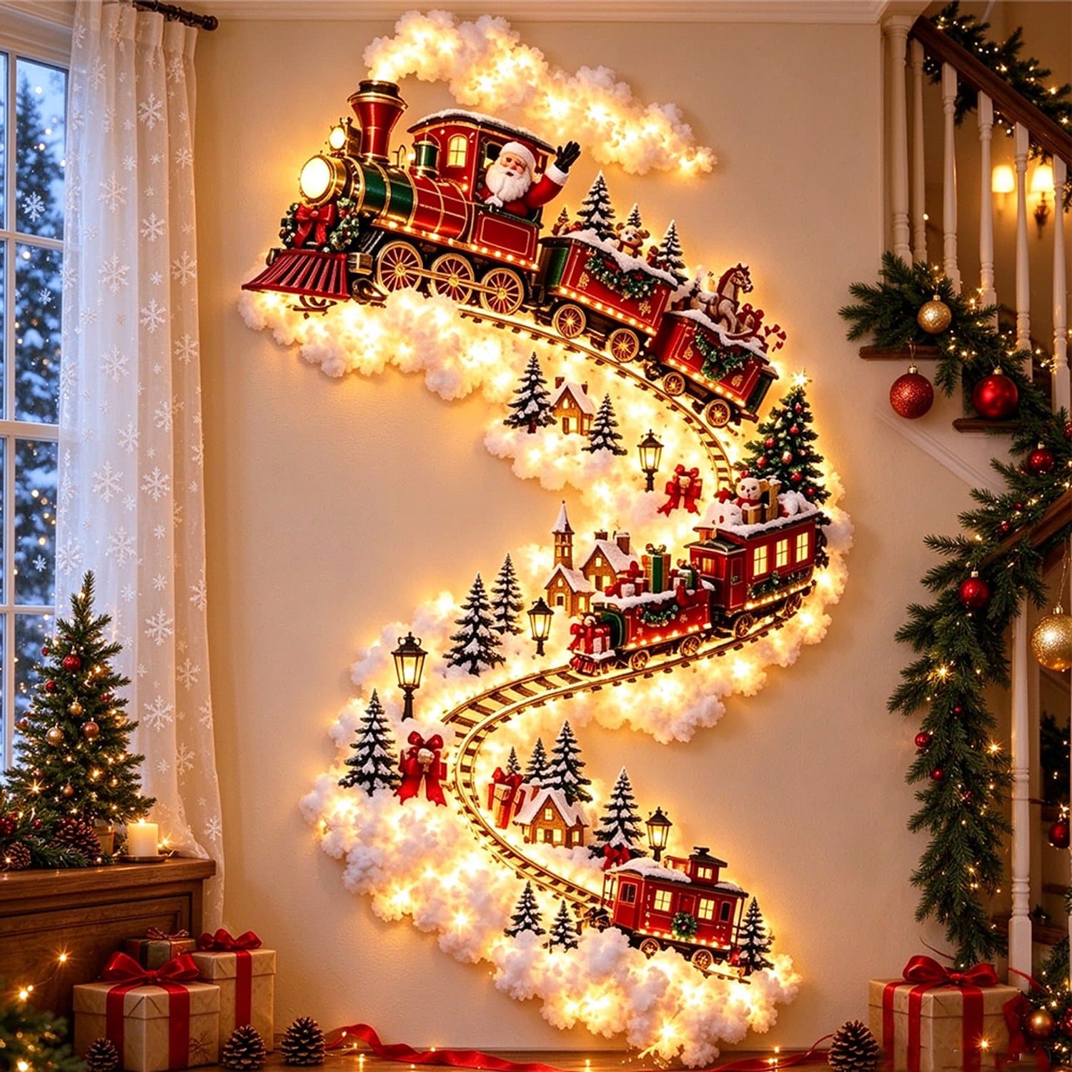 DIY Kerstdecoratie voor aan de Muur - Wandlamp - Kerstversiering - Led Lights - Kerstthema - warm wit - kerstdecoratie - wandlamp binnen - Werkt op batterijen - kerstcadeau - Creëer een feestelijke sfeer - Kerstman en trein