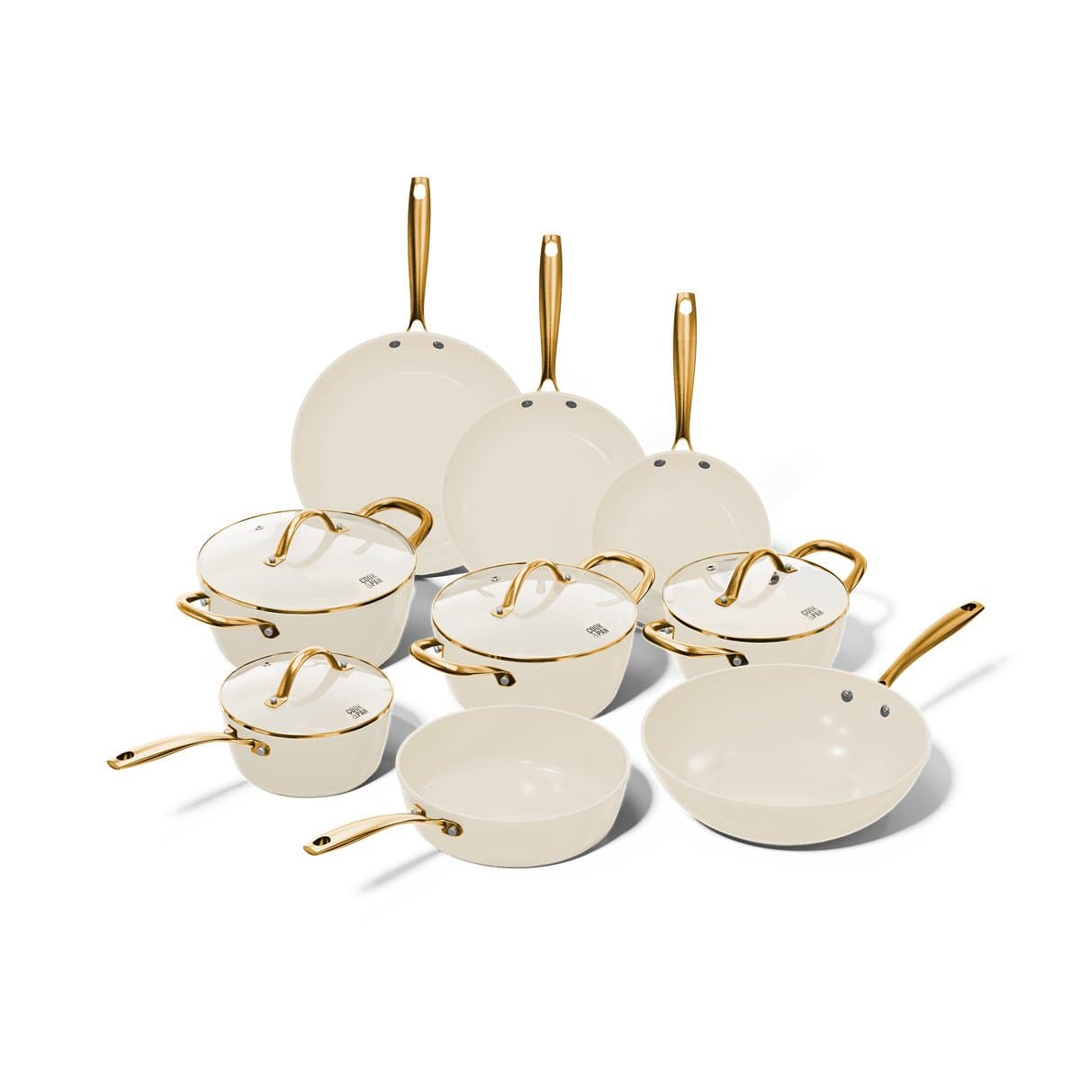 Cook & Pan Vanilla Pannenset 9-delig PFAS vrij - Beige met Gouden Handgrepen - Alle Warmtebronnen - Krasbestendige Anti Aanbaklaag - Vaatwasserbestendig - Gas, Inductie, Elektrisch, Oven - Pannen set - Koekenpan, Wokpan, Steelpan, Hapjespan, Kookpot