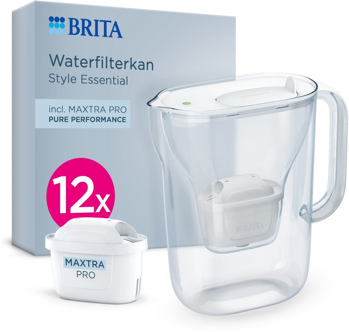 BRITA Waterfilterkan Style Essential Cool - 2,4L - Wit - incl. 12x MAXTRA PRO Pure Performance Waterfilterpatronen - past in de koelkast, met Smart LED Light & klapdeksel