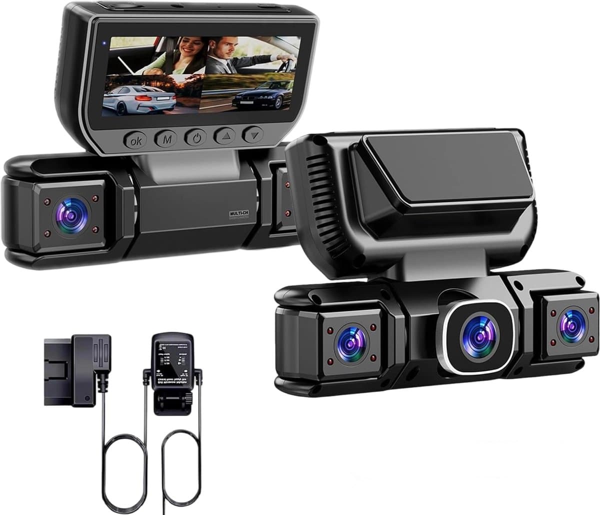 Dashcam - Dashcam voor auto - 4-kanaals dashcam voor - Gratis OBDII-hardwire - 1080P - 24/7 parkeerbewaking, 360° camera met wifi, loopopname, nachtzicht