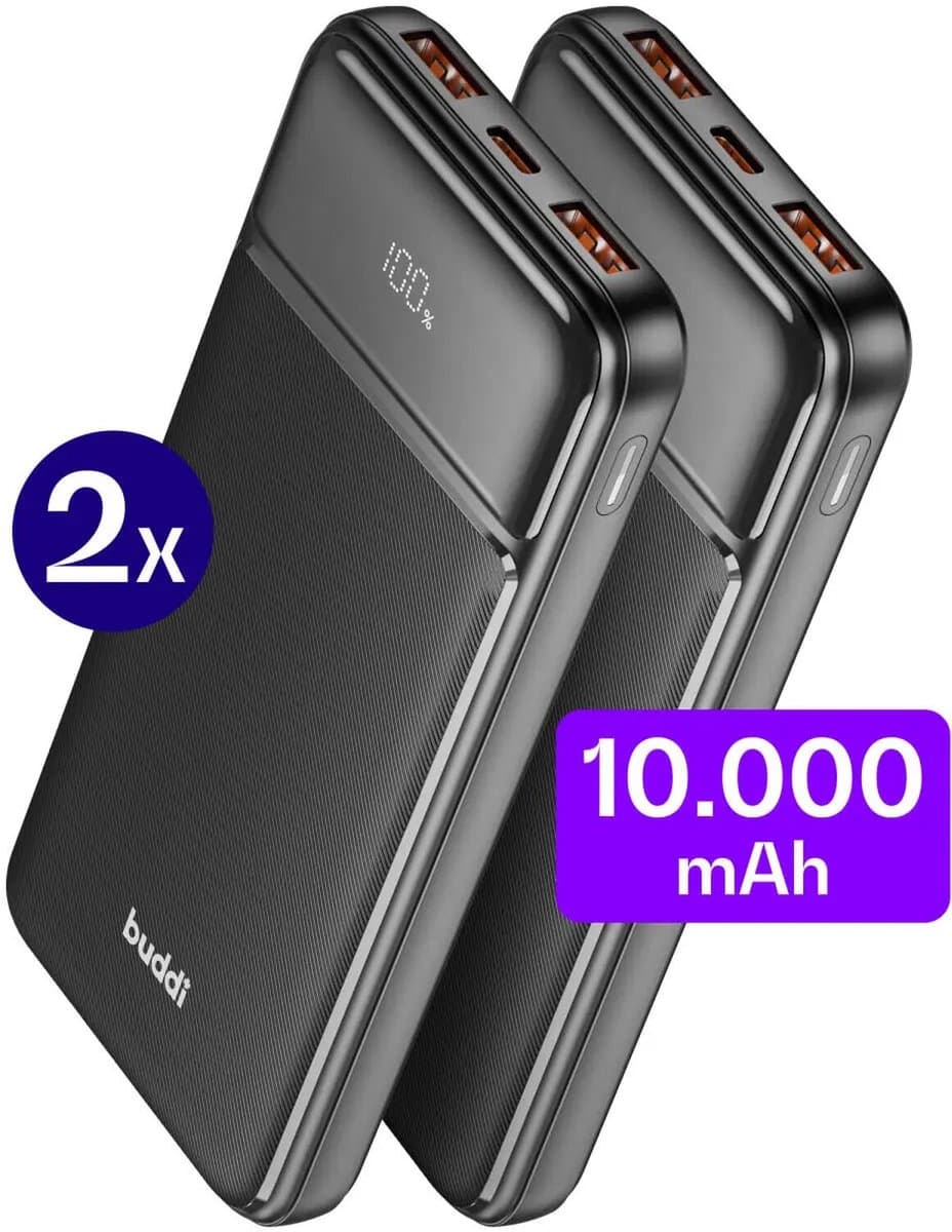 Duo Pack 10.000 mAh Powerbank Buddi Boost - Reisformaat - LED Display - USB-A - USB-C Snelladen - Universele Draagbare Oplader voor Telefoon & Tablet - Noodpakket - Ideaal voor Handbagage - Zwart