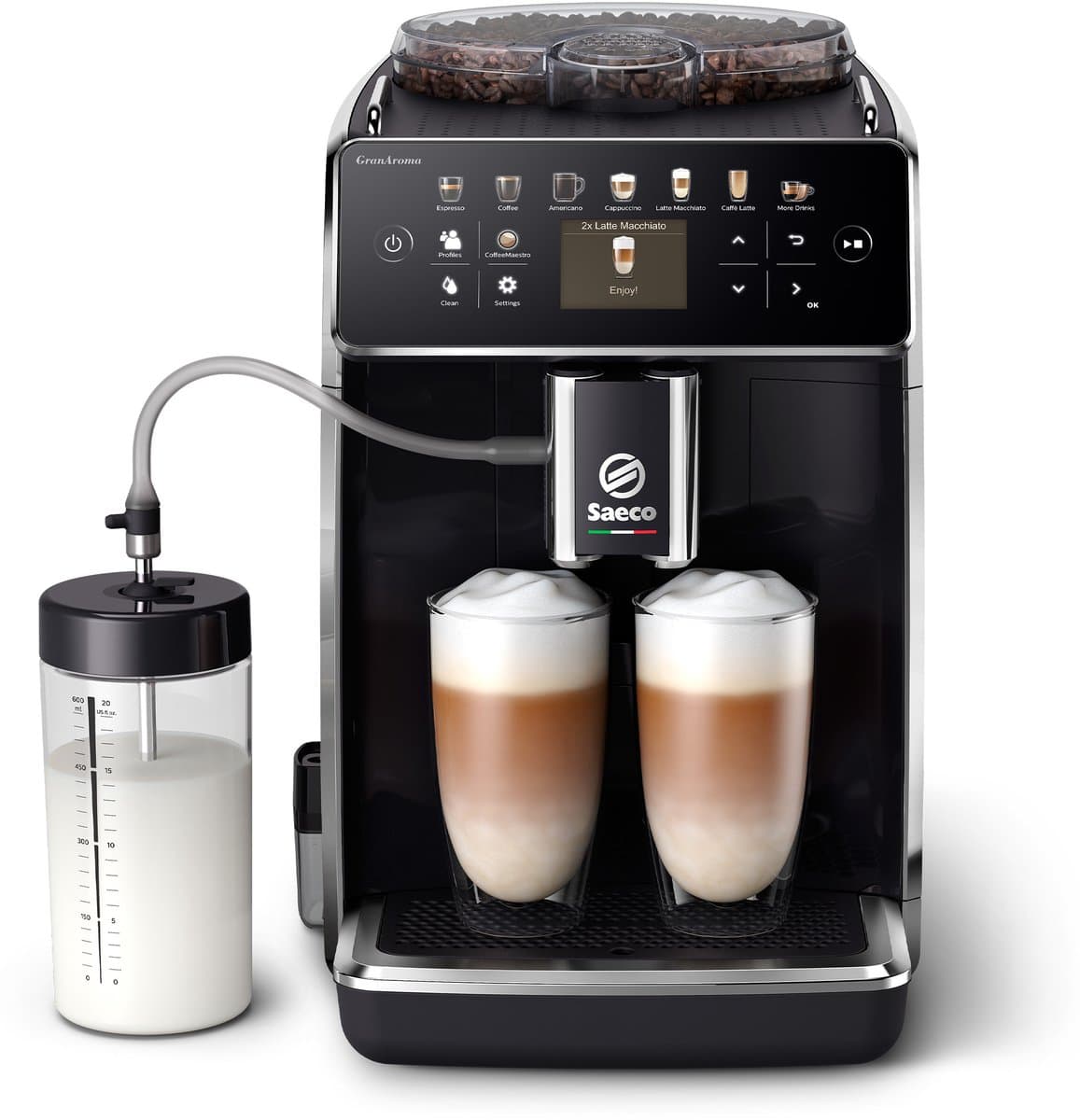 Saeco GranAroma - Espressomachine - 16 Dranken met melksysteem - Volautomatisch - Koffiemachine met bonen + AquaClean filter - Zwart (SM6580/00)