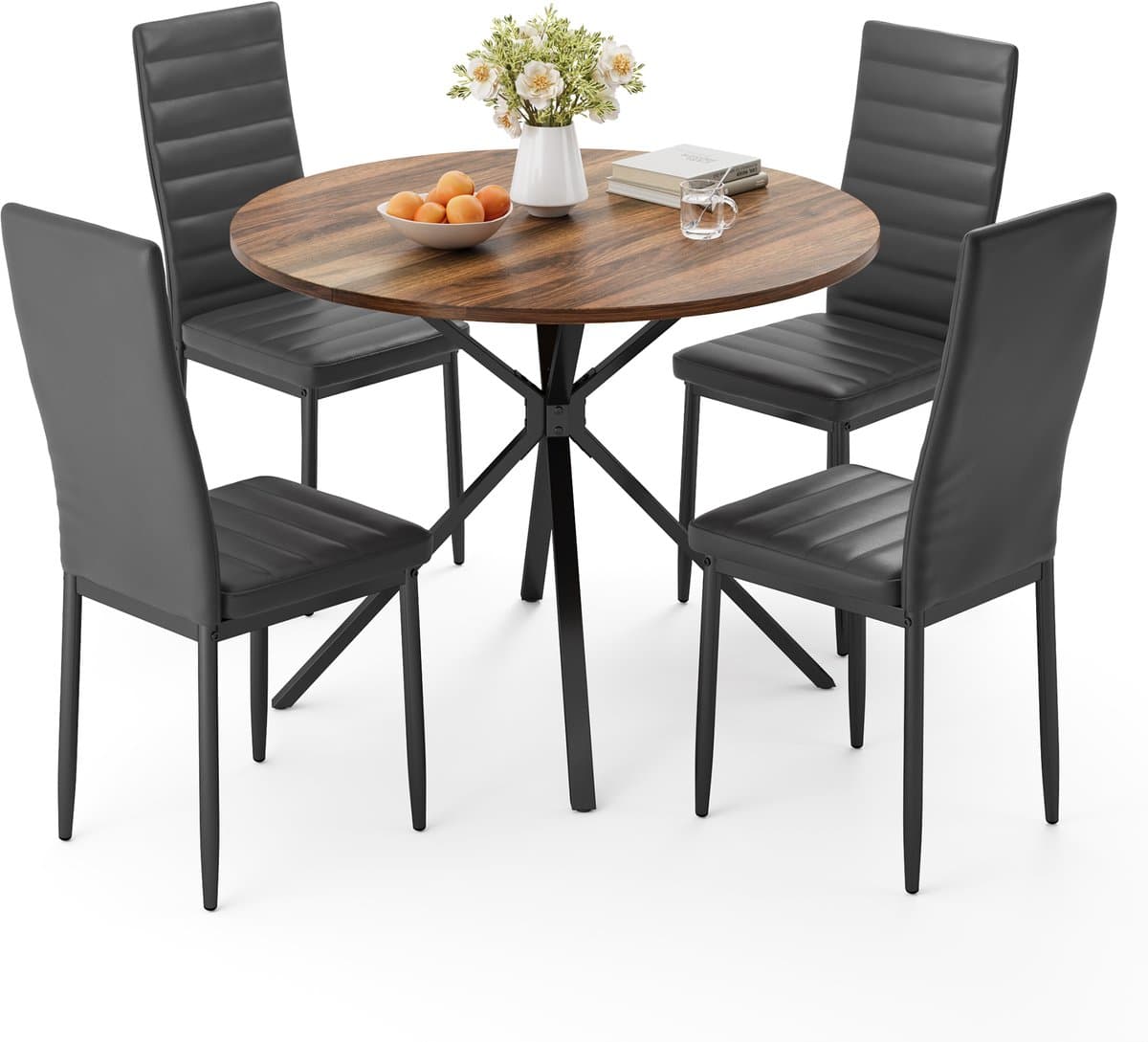 Xbro Eetkamerset met 4 Eetkamerstoelen, Eettafel en Stoelen van leer, geschikt voor 4 personen, Moderne Eetkamer Stoelen Set met ronde tafel, voor woonkamer, eetkamer en kantoor, Retro