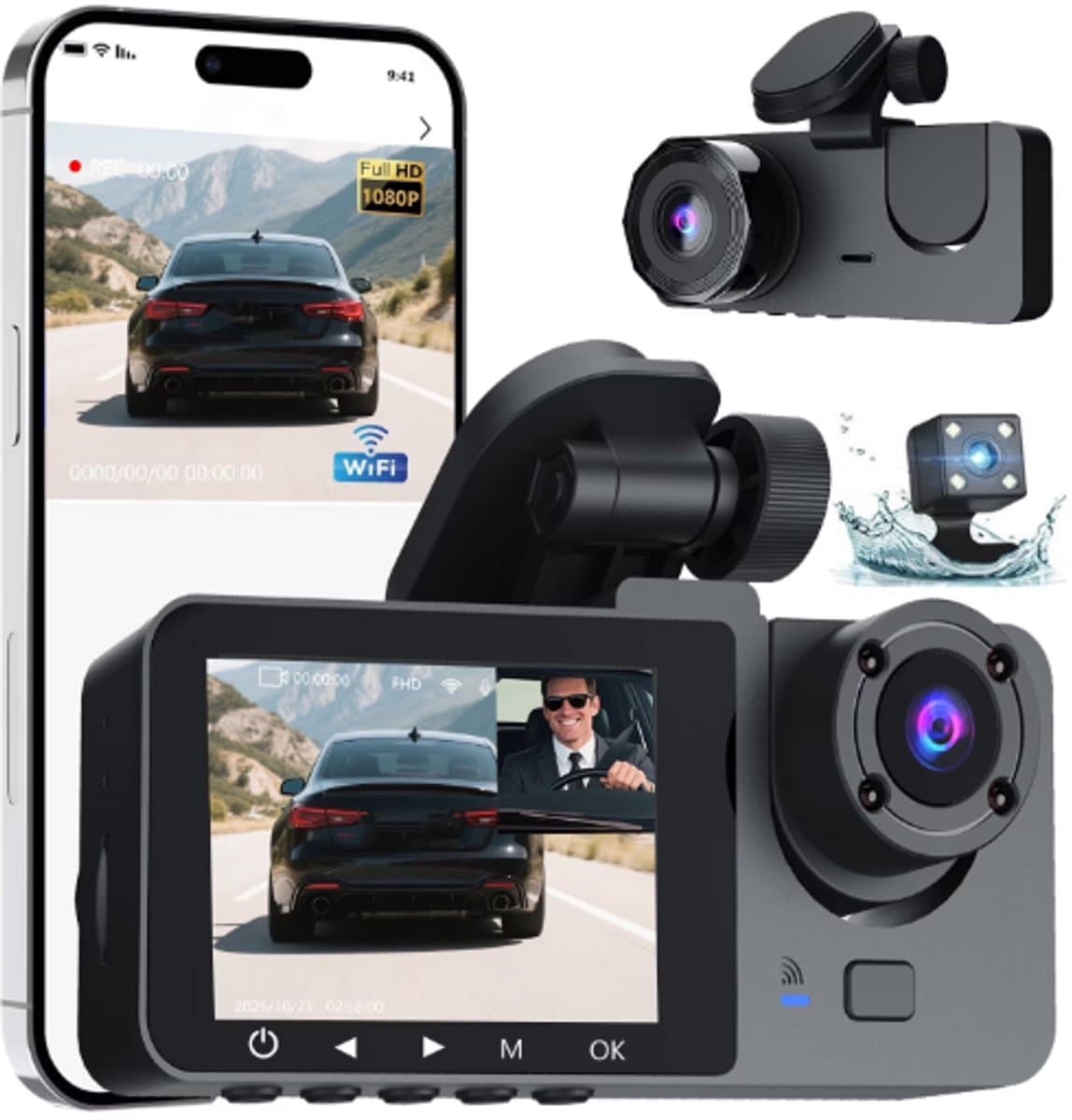 Autocamera - Dashcam met dubbele camera voor en achter, 24-uurs parkeerbewaking, dashcam met drie lenzen