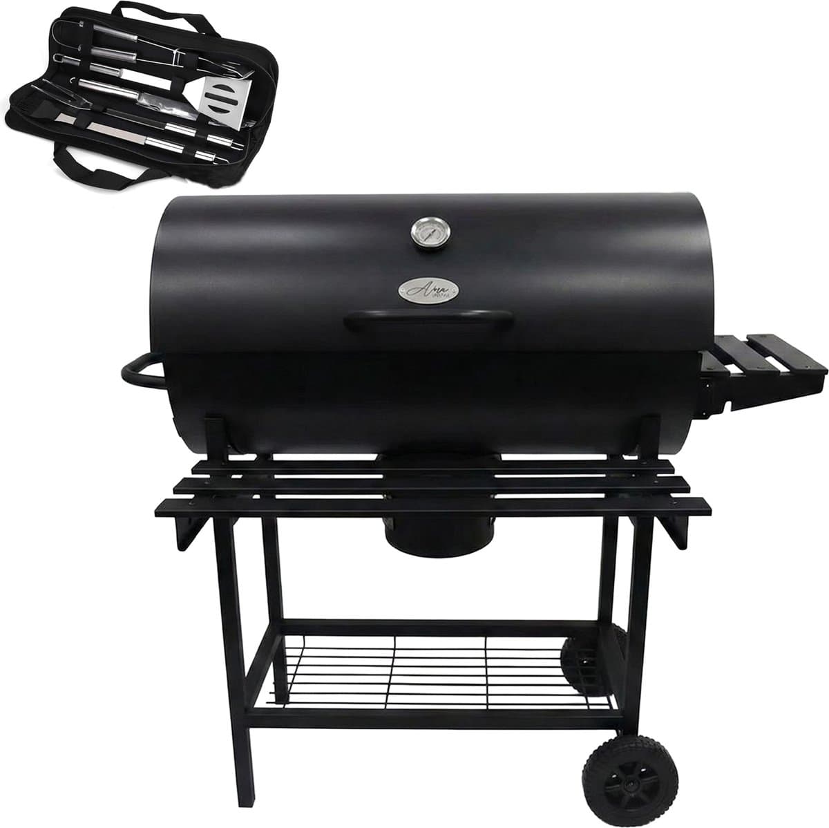 Alora Houtskool Barbecue - Inclusief Spatelset - Geïntegreerde Thermometer, Warmhoudrek, Asopvangbak & Zijtafel - BBQ op Wielen - met Deksel - Zwart