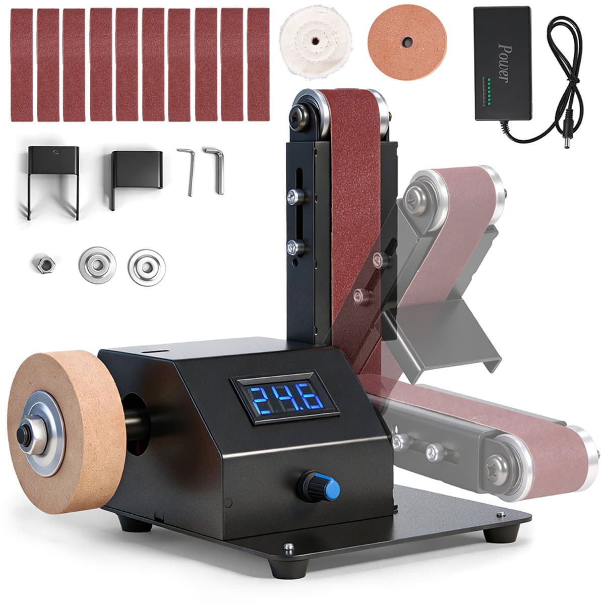 Bandschuurmachine - 150 W Mini-bandschuurmachine - doe-het-zelf polijstschuurmachine - met 10 schuurbanden - traploze toerentalregeling en instelbare hoek