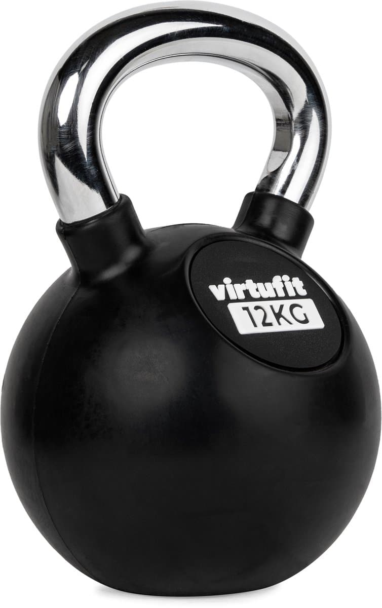 VirtuFit Kettlebell - Rubber/Chroom - 12 kg - Zwart - Sport Gewicht - Duurzaam Design - Ergonomische Handgreep - Geschikt voor CrossFit & Fitness - Conditietraining
